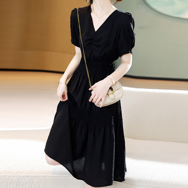 페이퍼먼츠 걸리쉬 셔링 캉캉 브이넥 퍼프 소매 미디 원피스 04444 빅사이즈 포함