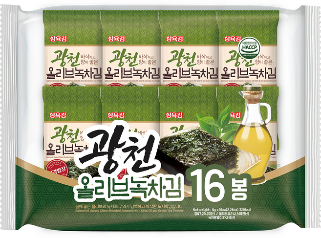 삼육김 광천 올리브 녹차 도시락김 16p, 4g, 16개