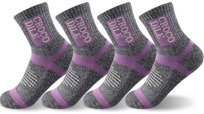 크로커다일 여성용 스포츠 쿠션 등산 드라이쿨 중목 양말 CD322, 퍼플, 4세트