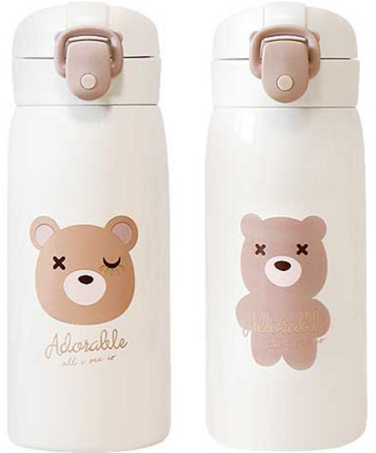 PUKO Cuma小熊印花彈蓋型保溫杯組 大頭款 350ml+全身款 350ml, 混色, 1套