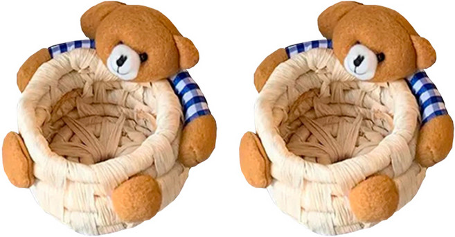 브리스크스타일 곰돌이 라탄 책상 정리 바구니, 2개