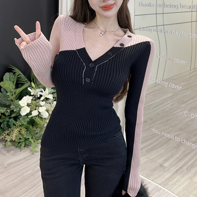 비비에모 여성용 핑시크 배색 버튼 포인트 골지 슬림 니트 03351