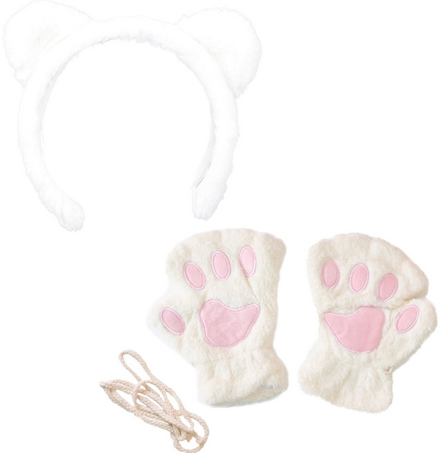 파티쇼 밍크 고양이 머리띠 + 장갑 양손 세트, 화이트(장갑), 화이트(머리띠), 1세트
