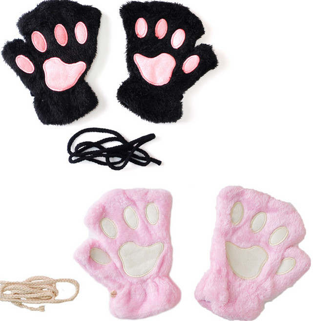 파티쇼 밍크 고양이 장갑 양손 2종 세트, 블랙 + 핑크, 1세트