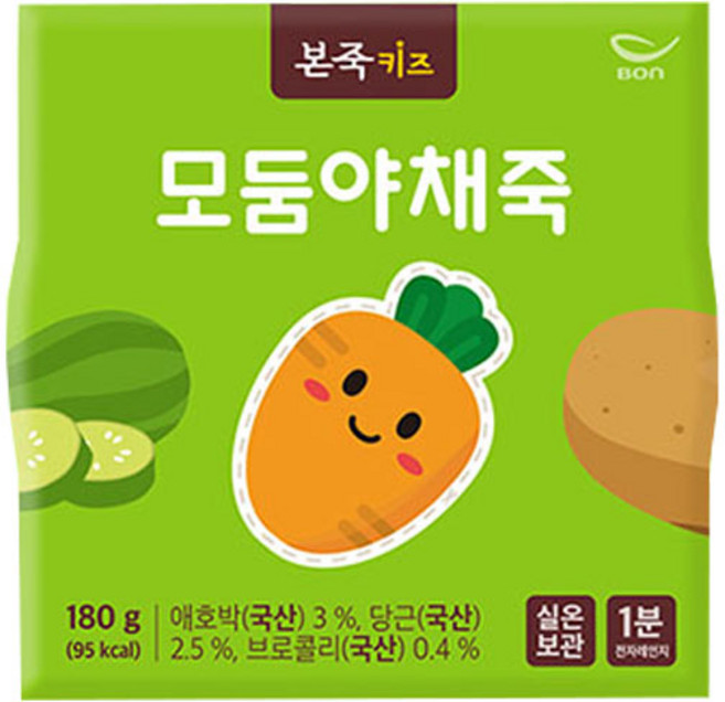 본죽 키즈 모둠 야채죽, 180g, 1개, 혼합맛(애호박/당근/브로콜리)