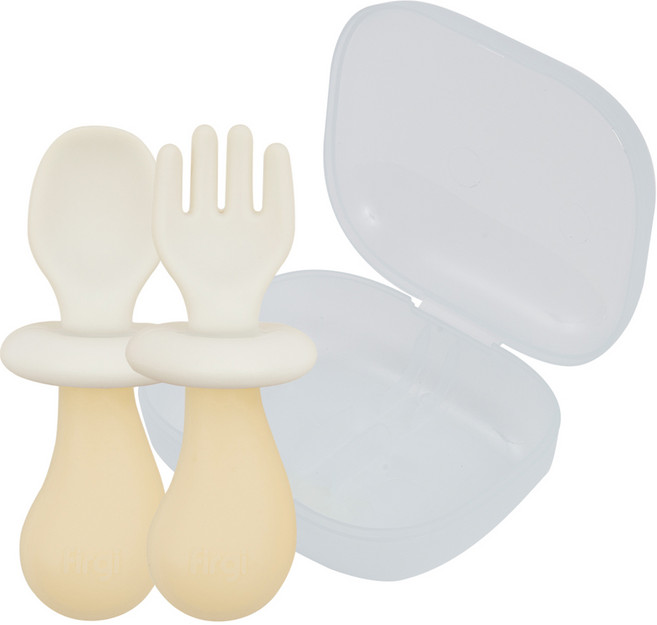 퍼기 유아용 버섯 자기주도 실리콘 이유식 스푼 포크 + 케이스 세트, 베이지, 1세트