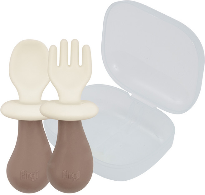 퍼기 유아용 버섯 자기주도 실리콘 이유식 스푼 + 포크 + 케이스 세트, 토프 브라운, 1세트