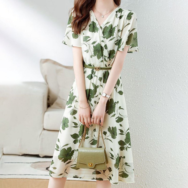 Paperments 綠色花朵雪紡A字連身裙 04771, 花