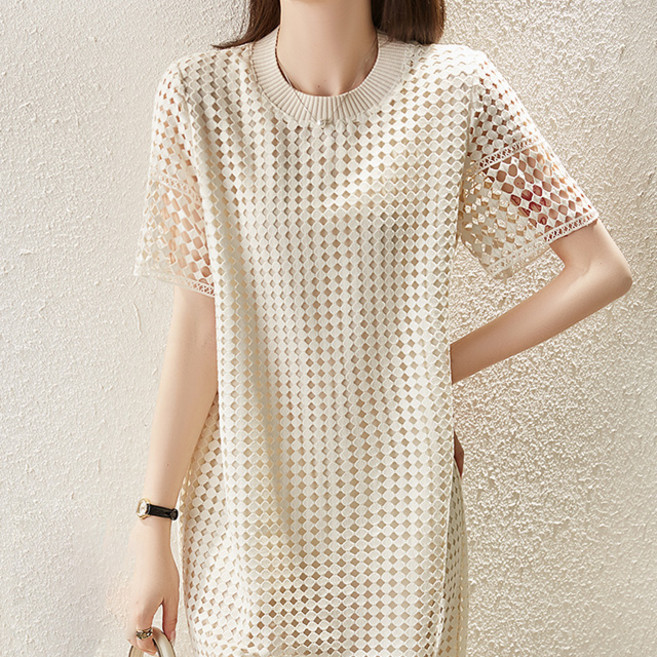 Paperments 方形鏤空針織編織夏季連身裙 04744, 象牙白
