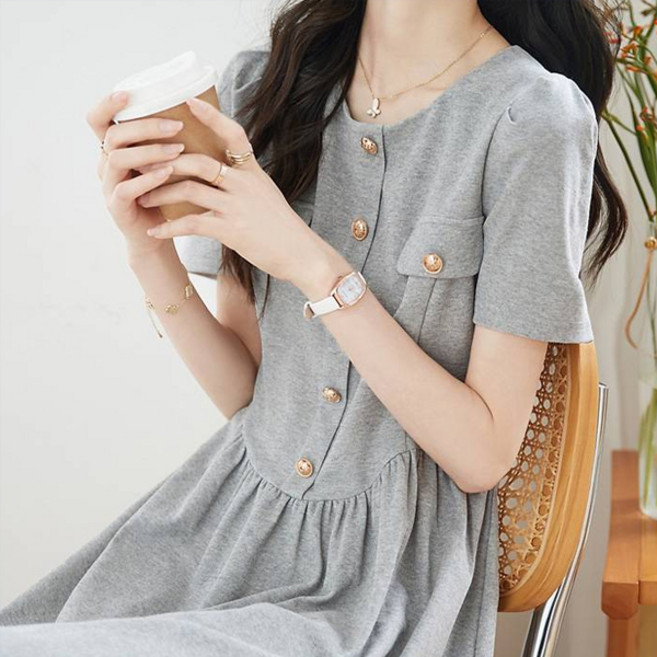 Paperments 日常泡泡袖U領金扣連身裙 04461 含大尺碼, 灰色