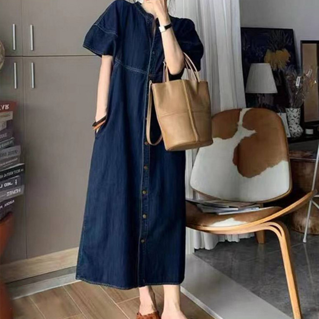 ATTERLIC Mix Mood亨利領縫線鈕扣牛仔連身裙 02205, 深藍色