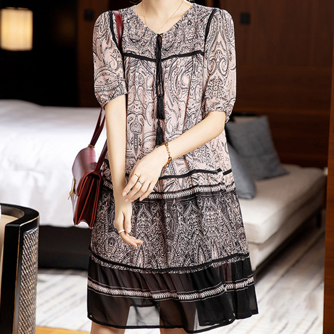 ATTERLIC 高端碎花圓領綁帶透視中長版洋裝 02325 含大尺碼, 圖案