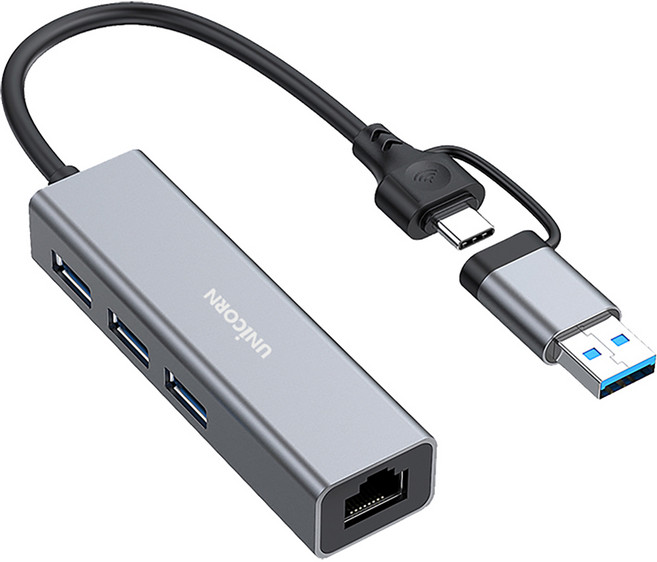 유니콘 A + C 타입 겸용 알루미늄 유선랜 3포트 USB허브 랜어댑터, 1개, 15cm