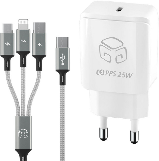 디지지 엑시스 PD 25W 초고속 충전기 + 3in1 스카이메타C 고속충전 케이블 150cm 세트, 화이트(충전기), 메탈실버(케이블), 1개