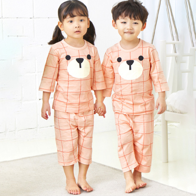올로미미 아동용 체크베어 7부 싱글 실내복 상하 세트