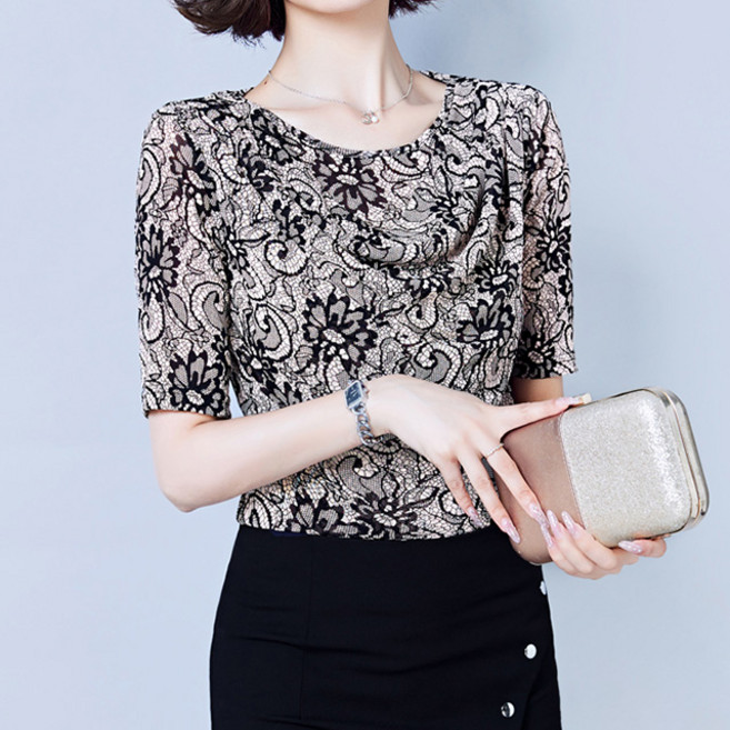 ATTERLIC 女款夏季圓領抓皺短袖襯衫 02331