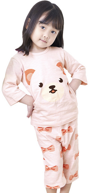 올로미미 아동용 핑크베어 7부 슬라브 실내복 상하의 세트