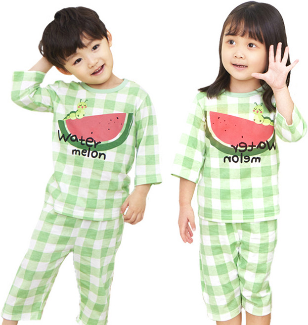 올로미미 아동용 수박체크 7부 싱글 실내복 세트