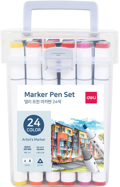 델리 둥근 삼각 트윈 화방 마카펜 + 케이스 세트 70803, 1세트, 24색