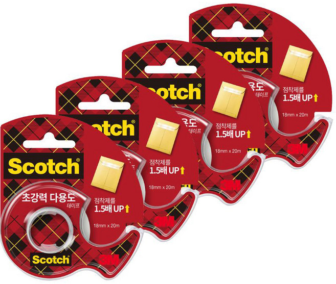 스카치 초강력 다용도 테이프 디스펜서 18mm x 20m, 투명, 4개