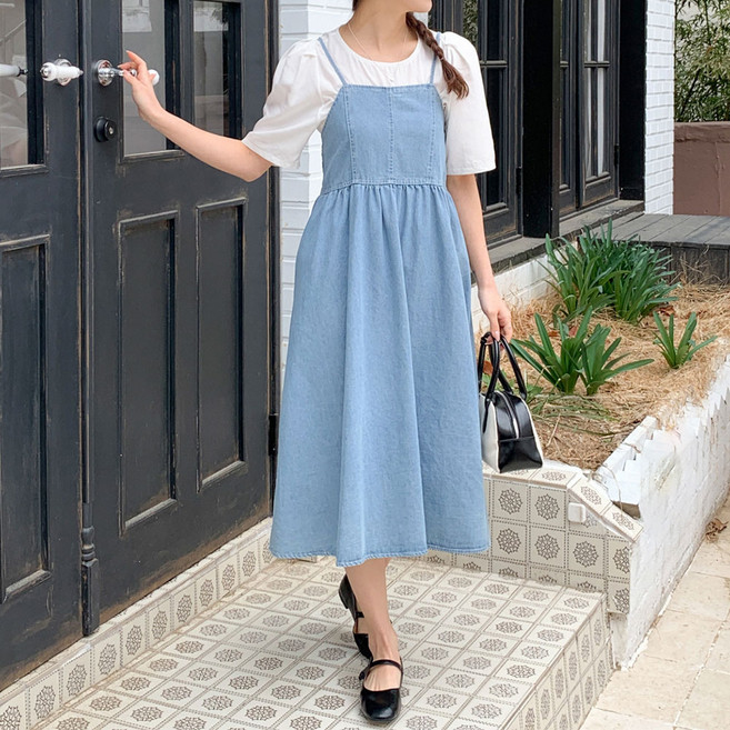 플랜데이 여성용 러빙 퍼프 반팔티 + 나시 데님 롱 원피스 세트