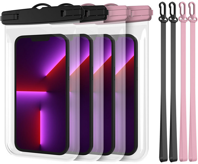 하나디자인 터치형 스마트폰 방수팩 블랙 2p + 방수팩 핑크 2p + 넥스트랩 블랙 2p + 넥스트랩 핑크 2p 세트, 혼합색상, 1세트