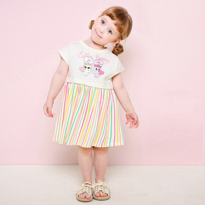 milk mile 艾絲樂小兔系列童款印花短袖連身裙 彩虹雙兔款