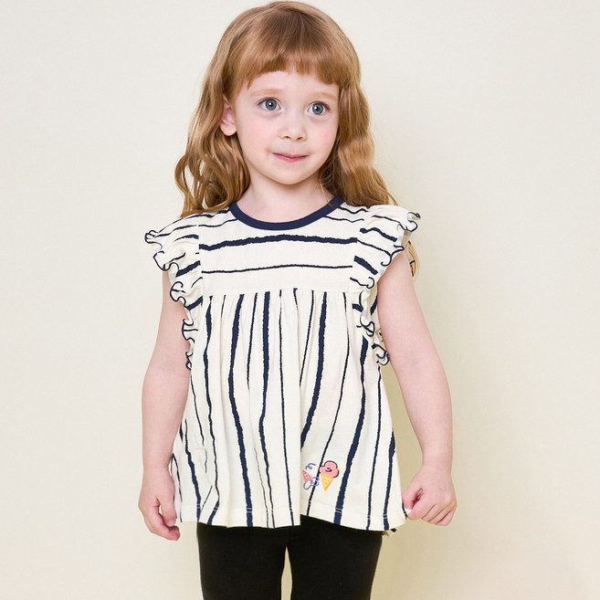 milk mile 童款翻滾冰淇淋刺繡條紋荷葉邊無袖上衣