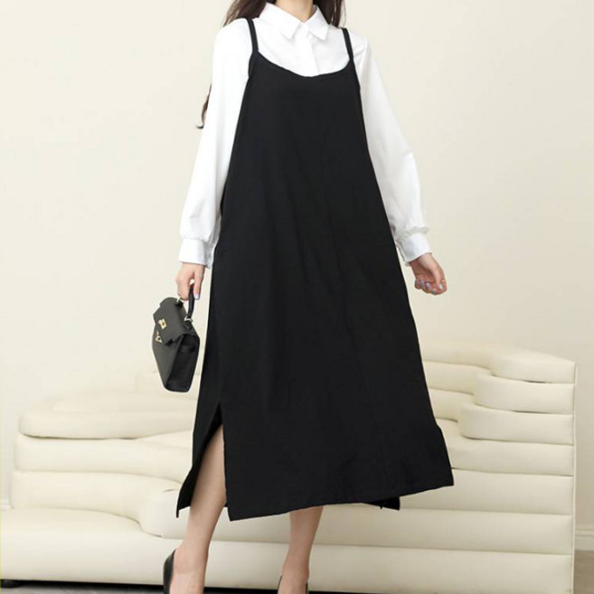 턴키 여성용 빅사이즈 뷔스티에 옆 트임 A라인 롱 원피스 OPS-2833