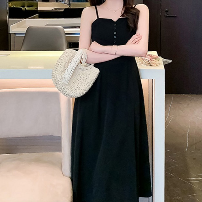 비비에모 세련된 페이크 버튼 포인트 민소매 롱 원피스 03634 빅사이즈 포함