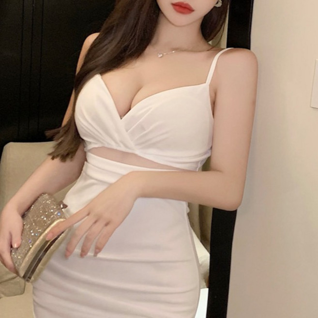 비비에모 섹시 가슴 파인 꼬임 끈나시 튤립 원피스 02866