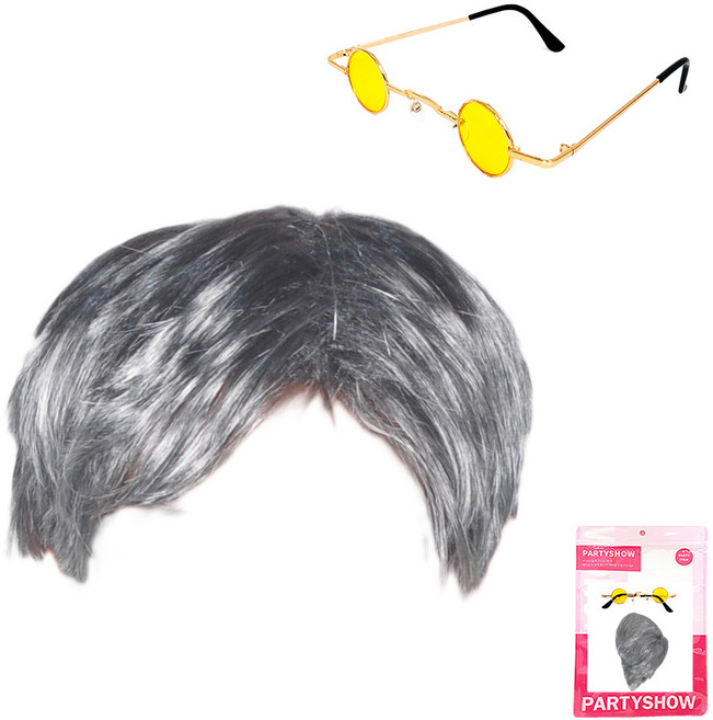 파티쇼 할아버지 가발 + 레트로 미니안경 세트, 혼합색상(가발), 금테옐로우(안경), 1세트