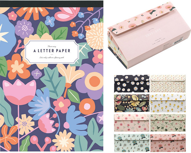 핑크풋 꽃길 패드 편지지 + 꽃길 편지봉투 8종 x 7p 세트, 랜덤발송(편지지), 1세트