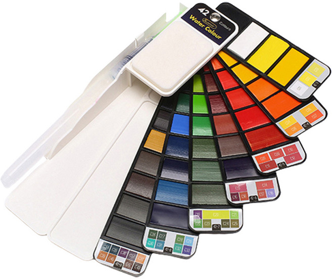 벨리안 휴대용 부채꼴 수채화 고체물감 + 워터브러쉬 세트, 181g, 42색