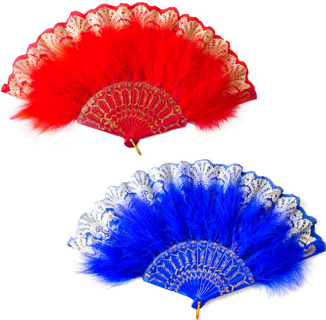 파티쇼 럭셔리 깃털 부채 2종 세트, 레드 + 블루, 1세트
