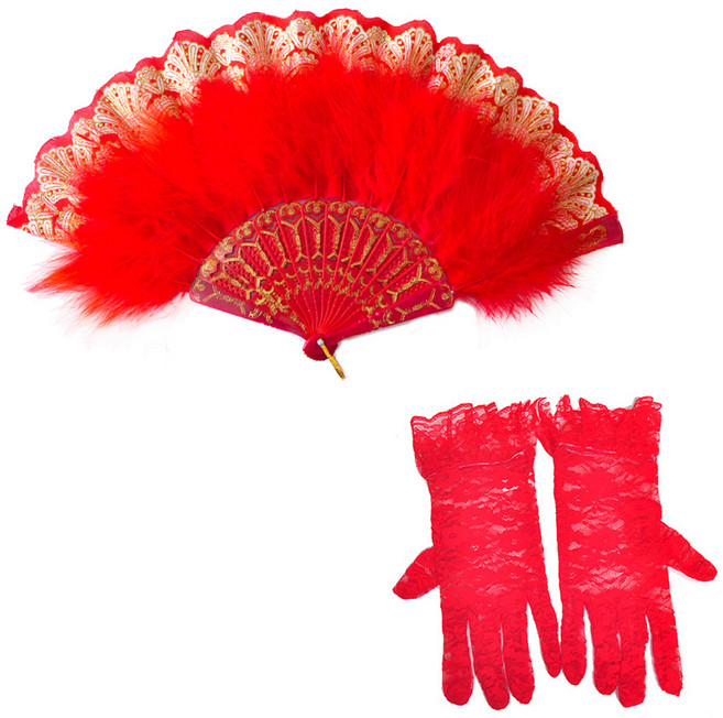 파티쇼 럭셔리 깃털 부채 + 파티 드레스 망사 양쪽 손목장갑 세트, 레드, 1세트