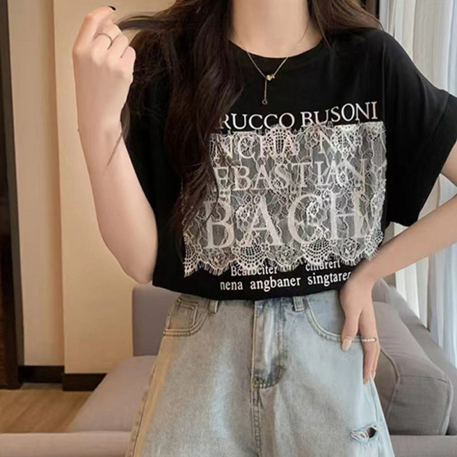 메이첼 여성용 통기성 라운드넥 레터링 레이스 루즈핏 티셔츠 02543