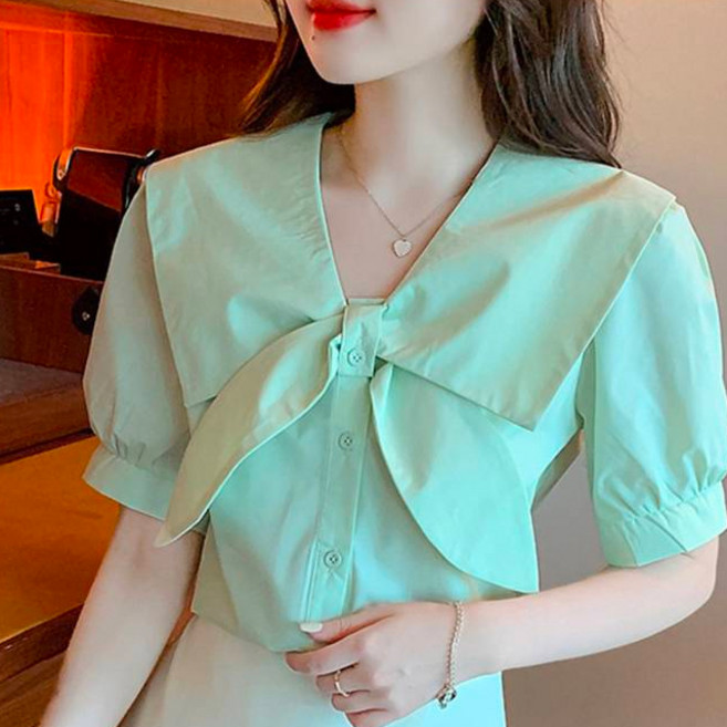 페이퍼먼츠 세일러카라 리본 쉬폰 반소매 블라우스 04918