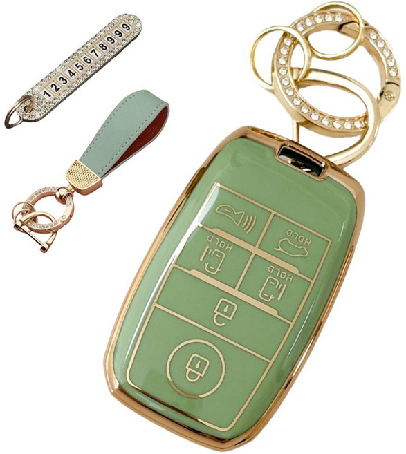 루루형제 기아 호환 자동차 프리미엄 TPU 키 케이스 + 번호키링 + 가죽 스트랩, 올리브그린, AK-03