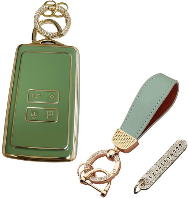 루루형제 르노 삼성 자동차 호환 TPU 키케이스 + 번호키링 + 가죽스트랩, 올리브그린, AS-02