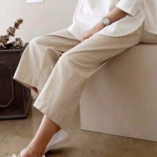 엘쏘 여성용 통기성 와이드 레그 루즈핏 린넨 팬츠