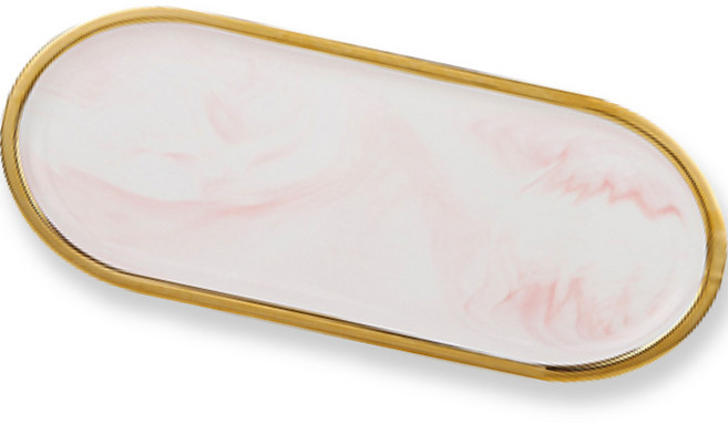 포코이 대리석 패턴 골드라인 세라믹 인테리어 트레이, 핑크