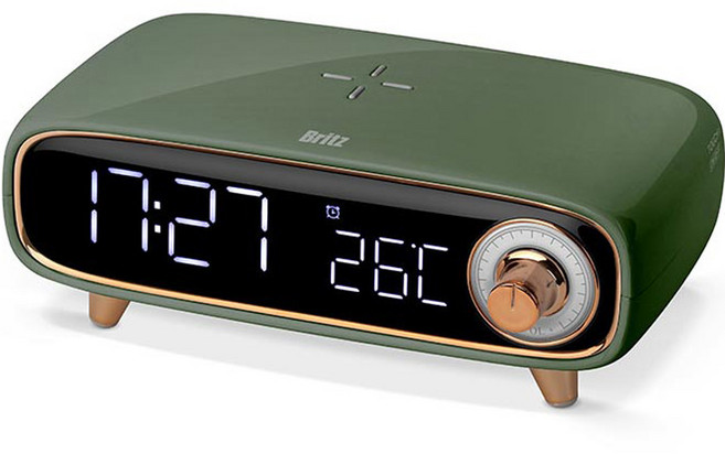브리츠 블루투스 스피커 무선충전 시계 알람 무드등, BA-MCK9, 카키
