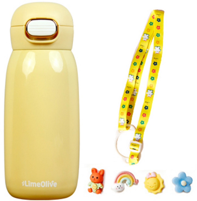 라임올리브 우주인 원터치 보온병 350ml + 스트랩 + 입체 스티커 세트, 옐로우(보온병, 스트랩), 랜덤발송(스티커)