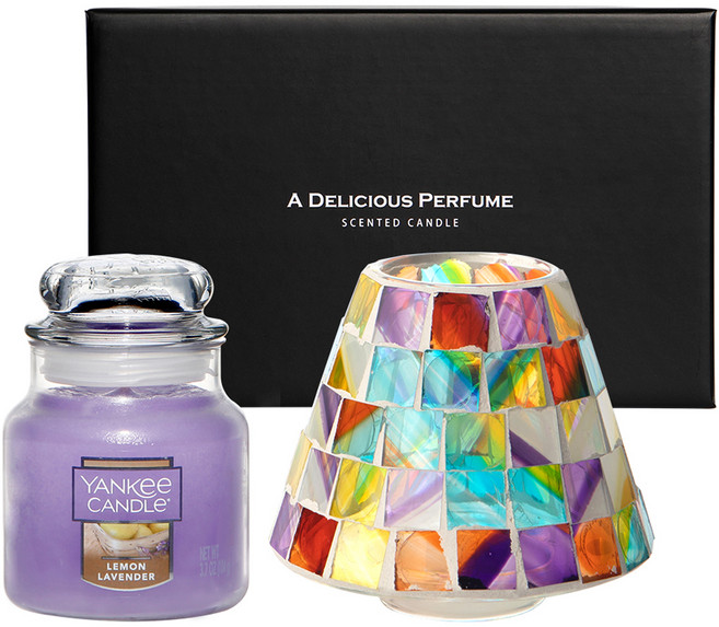 양키캔들 스몰자 병 향초 + 모자이크 자쉐이드 선물세트, 레몬라벤더, 스테인드(자쉐이드), 혼합색상(병 향초)