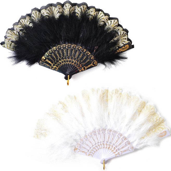 파티쇼 럭셔리 깃털 부채 2종 세트, 블랙 + 화이트, 1세트