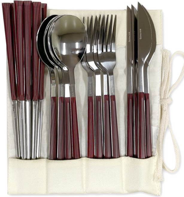 캠핑 커트러리 퀴드노비 1979 스푼 4p + 포크 4p + 나이프 4p + 젓가락 4쌍 + 전용 파우치 4인 세트, 마호가니, 1세트