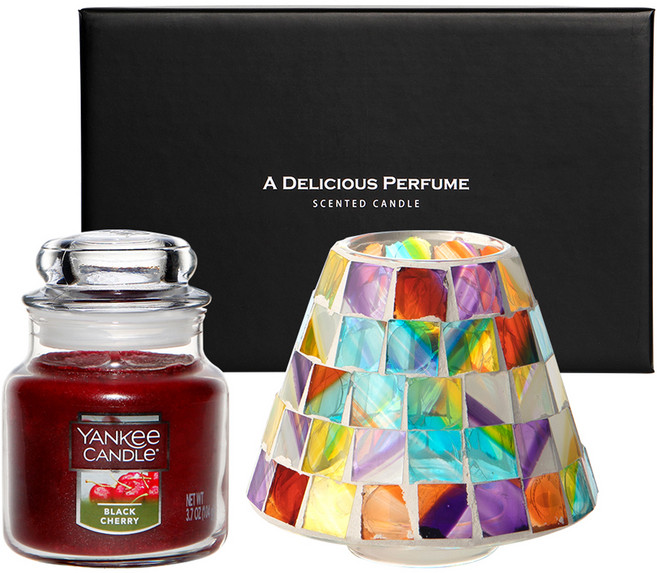 양키캔들 스몰자 향초 104g + 모자이크 자 쉐이드 선물세트, 블랙체리, 스테인드(향초)