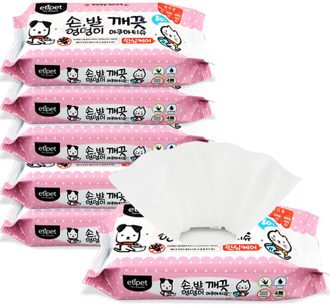 에티펫 반려동물 손발 엉덩이 깨끗 물티슈, 80개입, 6개