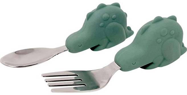 타이니트윙클 스테인리스 실리콘 트레이닝 스푼포크 2종 세트, 올리브 다이노, 1세트